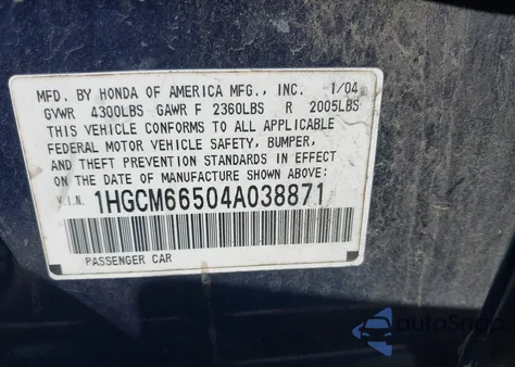 2004 Honda Accord 3.0 Ex из США, поврежденный, VIN 1HGCM66504A038871